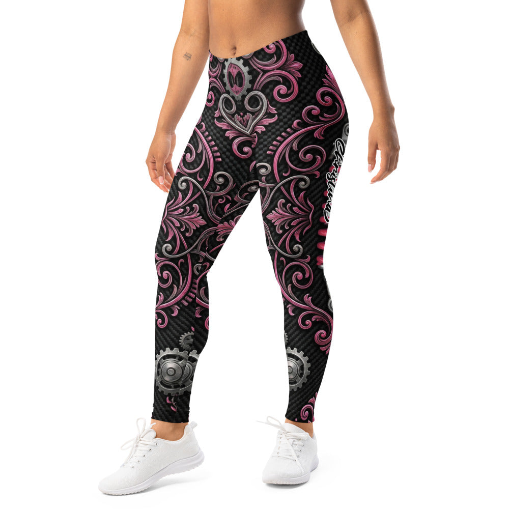 Personalisierte Damen Sportleggings Schwarz Pink Ornament Muster Fitness Leggings Steampunk Design Yoga Hose J906