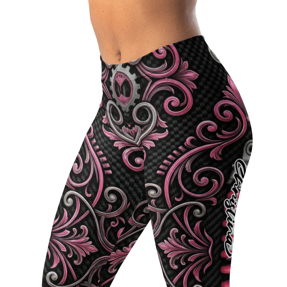 Personalisierte Damen Sportleggings Schwarz Pink Ornament Muster Fitness Leggings Steampunk Design Yoga Hose J906