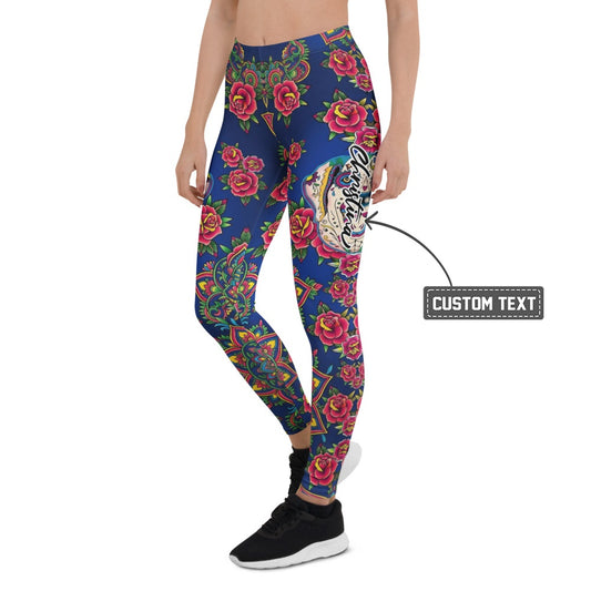 Personalisierte Damen Sportleggings Rosen & Totenkopf Design Dunkelblau Fitness Yoga Leggings S828 - XL