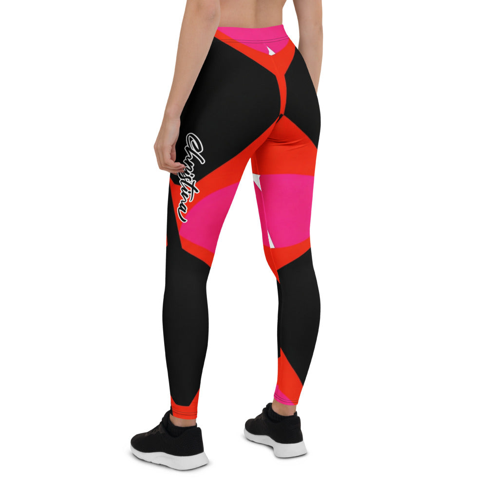 Personalisierte Damen Sportleggings Geometrisches Muster Rot Schwarz Pink Fitness Leggings P615