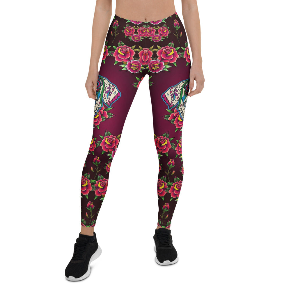 Personalisierte Damen Sportleggings Weinrot Old School Tattoo Design Rosen Muster Fitness Yoga Leggings L448