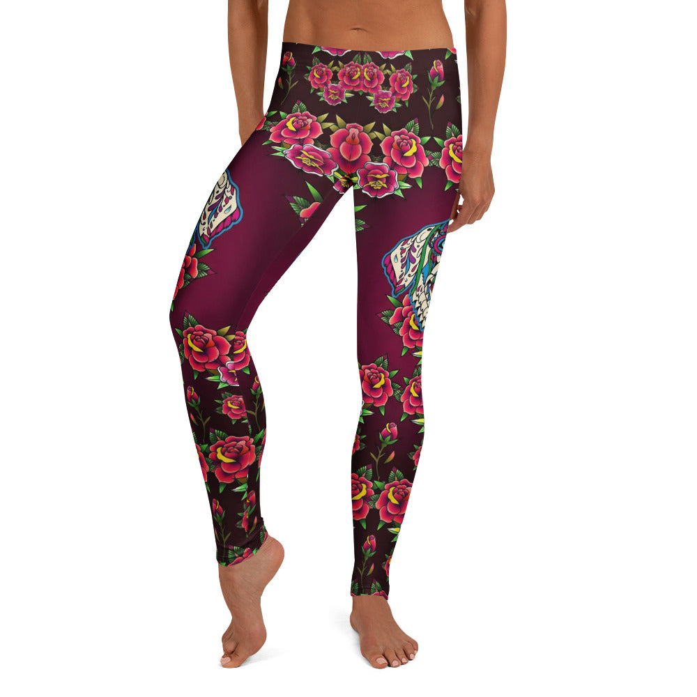 Personalisierte Damen Sportleggings Weinrot Old School Tattoo Design Rosen Muster Fitness Yoga Leggings L448