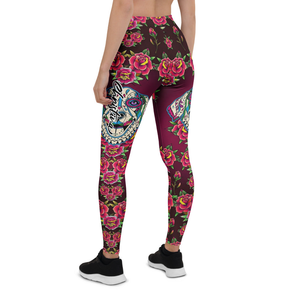 Personalisierte Damen Sportleggings Weinrot Old School Tattoo Design Rosen Muster Fitness Yoga Leggings L448