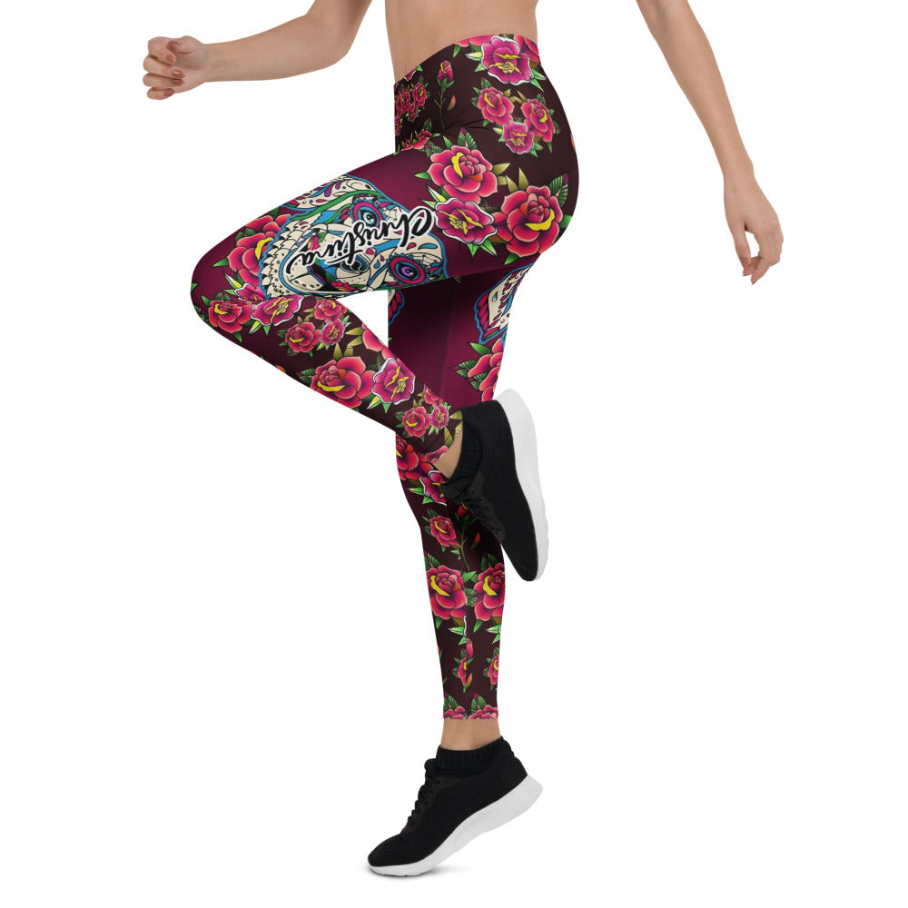 Personalisierte Damen Sportleggings Weinrot Old School Tattoo Design Rosen Muster Fitness Yoga Leggings L448