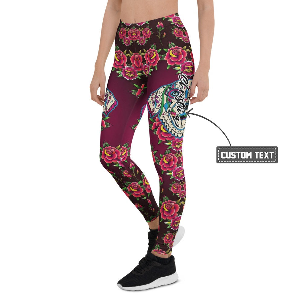 Personalisierte Damen Sportleggings Weinrot Old School Tattoo Design Rosen Muster Fitness Yoga Leggings L448 - XL