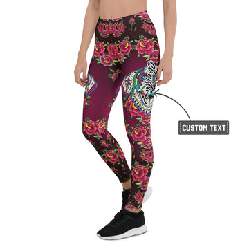 Personalisierte Damen Sportleggings Weinrot Old School Tattoo Design Rosen Muster Fitness Yoga Leggings L448 - XL