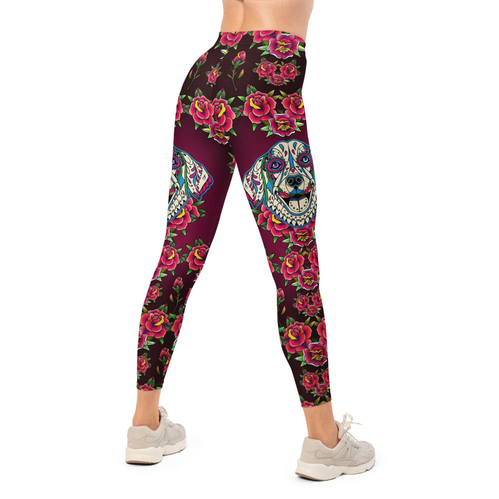 Personalisierte Damen Sportleggings Weinrot Old School Tattoo Design Rosen Muster Fitness Yoga Leggings L448