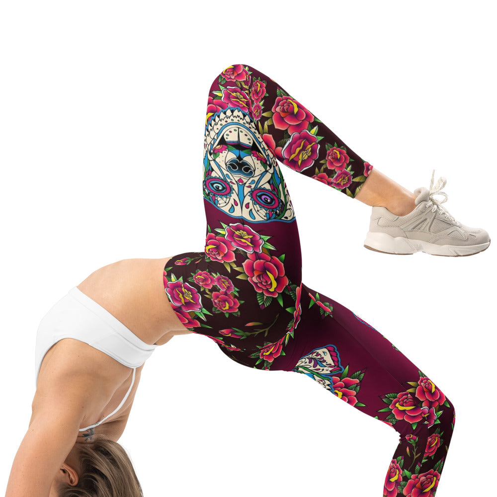 Personalisierte Damen Sportleggings Weinrot Old School Tattoo Design Rosen Muster Fitness Yoga Leggings L448