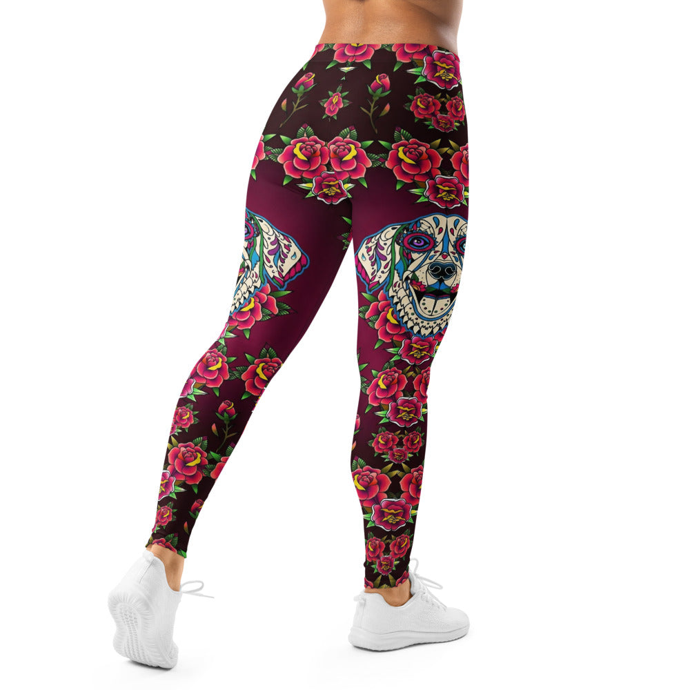 Personalisierte Damen Sportleggings Weinrot Old School Tattoo Design Rosen Muster Fitness Yoga Leggings L448