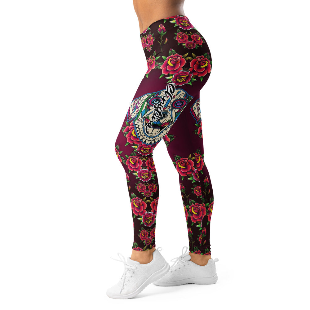 Personalisierte Damen Sportleggings Weinrot Old School Tattoo Design Rosen Muster Fitness Yoga Leggings L448