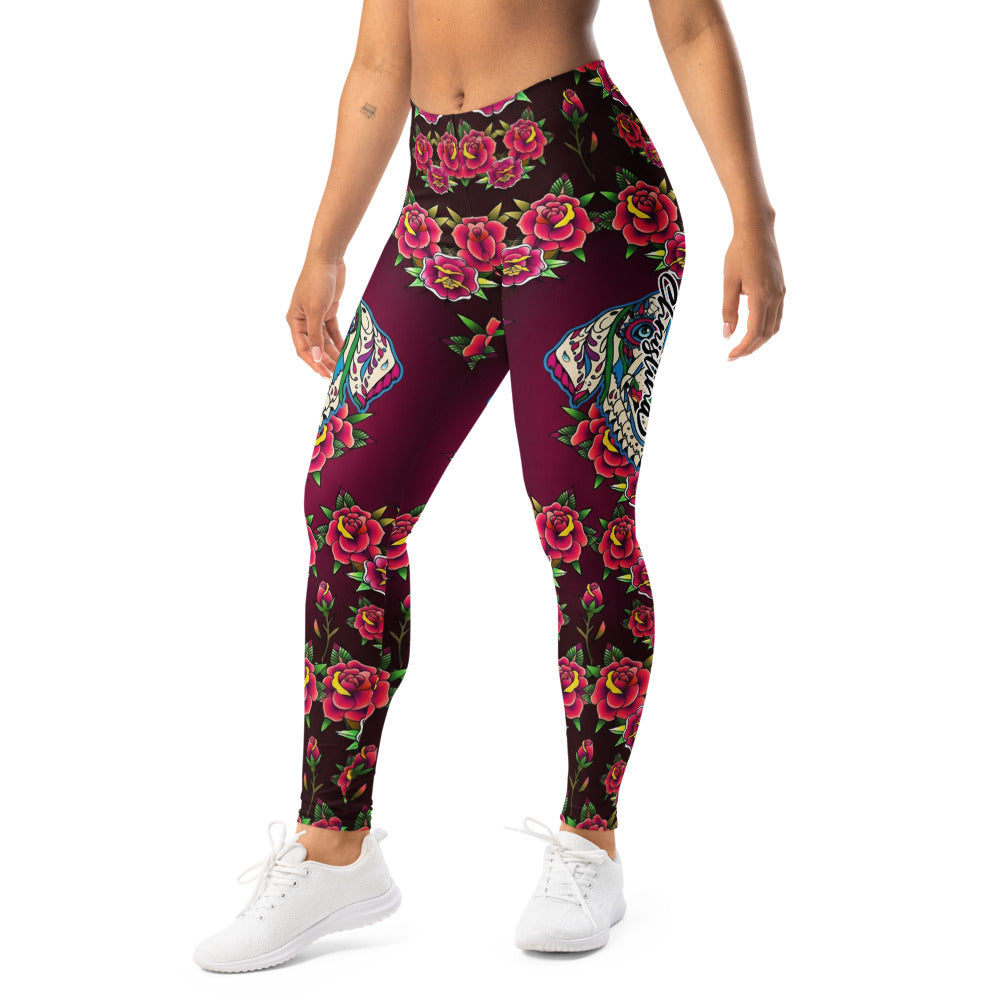 Personalisierte Damen Sportleggings Weinrot Old School Tattoo Design Rosen Muster Fitness Yoga Leggings L448