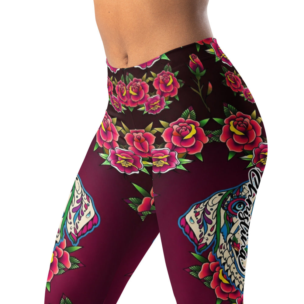 Personalisierte Damen Sportleggings Weinrot Old School Tattoo Design Rosen Muster Fitness Yoga Leggings L448