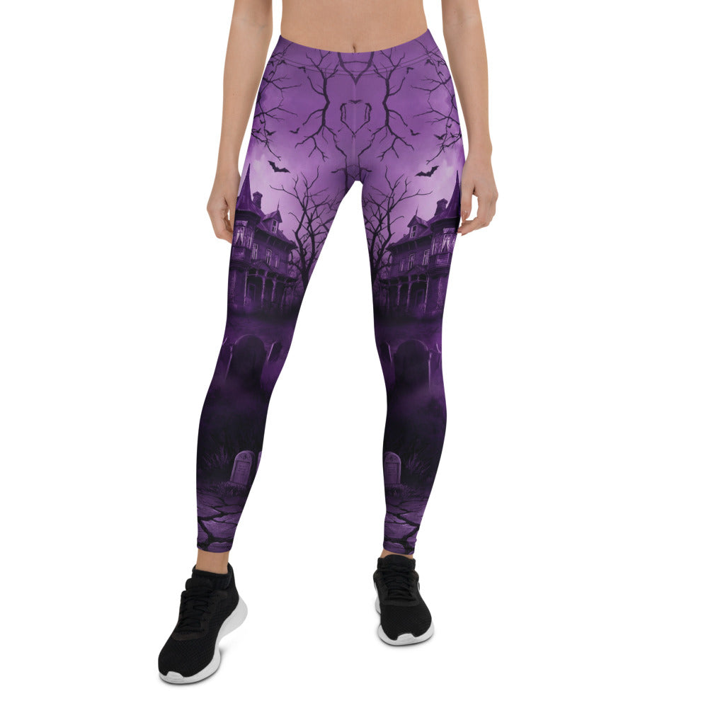 Personalisierte Damen Sportleggings Spukhaus Design Lila Schwarz Gothic Fitness Leggings Yoga Hose R308
