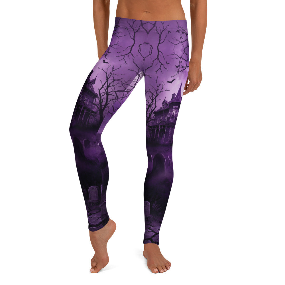 Personalisierte Damen Sportleggings Spukhaus Design Lila Schwarz Gothic Fitness Leggings Yoga Hose R308
