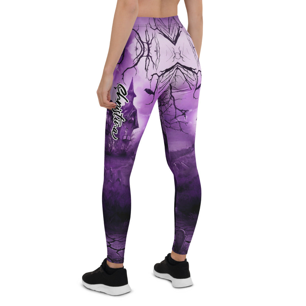 Personalisierte Damen Sportleggings Spukhaus Design Lila Schwarz Gothic Fitness Leggings Yoga Hose R308