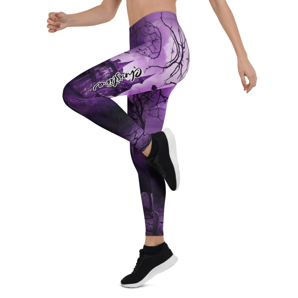 Personalisierte Damen Sportleggings Spukhaus Design Lila Schwarz Gothic Fitness Leggings Yoga Hose R308