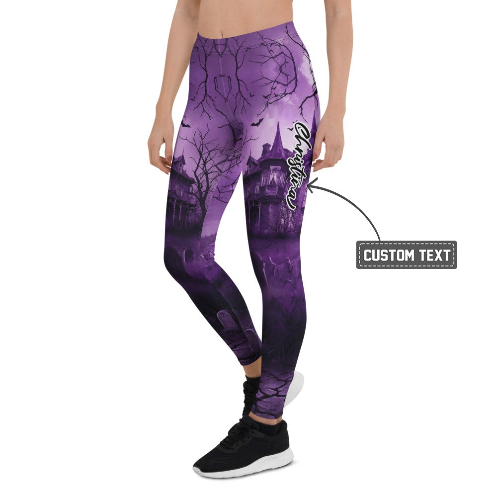 Personalisierte Damen Sportleggings Spukhaus Design Lila Schwarz Gothic Fitness Leggings Yoga Hose R308 - XL