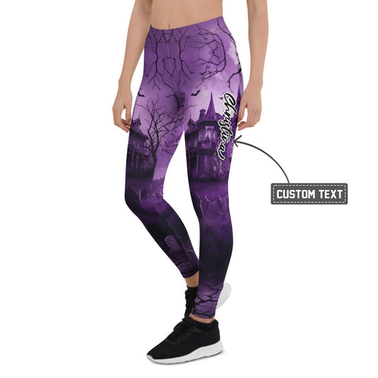 Personalisierte Damen Sportleggings Spukhaus Design Lila Schwarz Gothic Fitness Leggings Yoga Hose R308 - XL