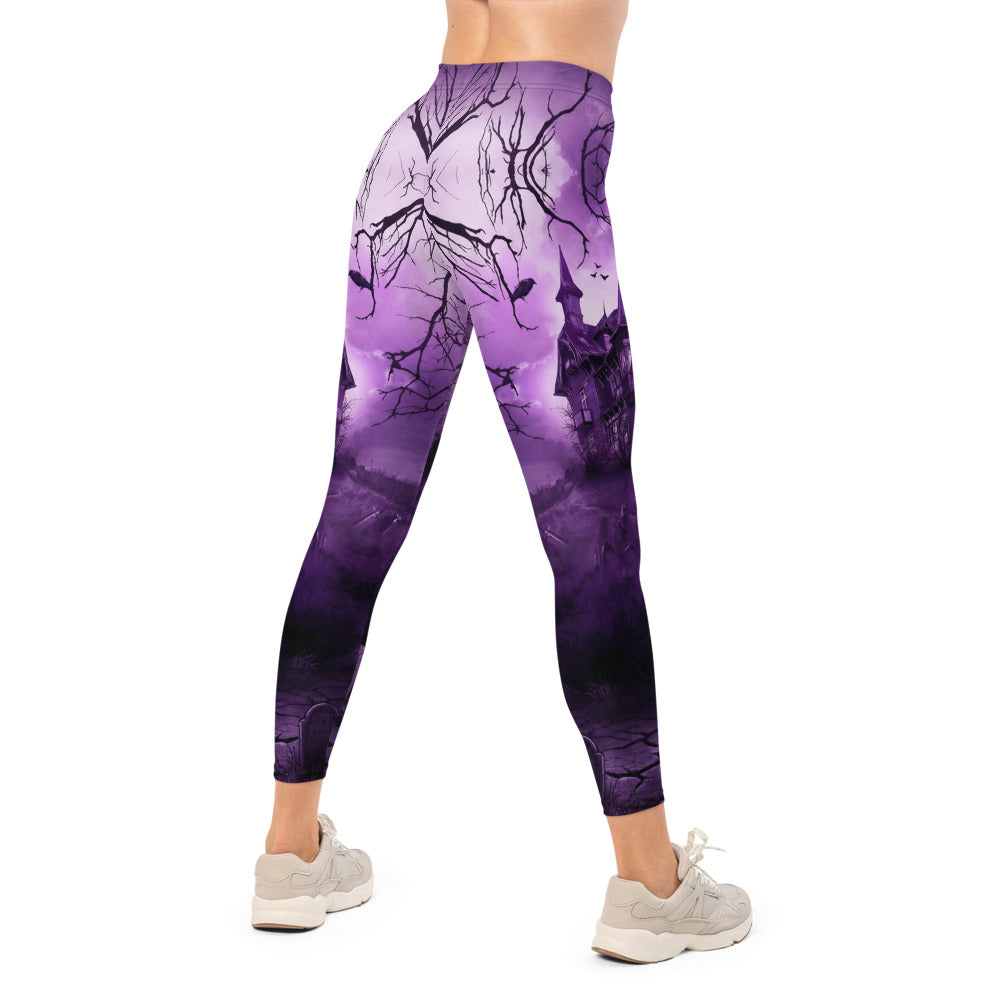 Personalisierte Damen Sportleggings Spukhaus Design Lila Schwarz Gothic Fitness Leggings Yoga Hose R308