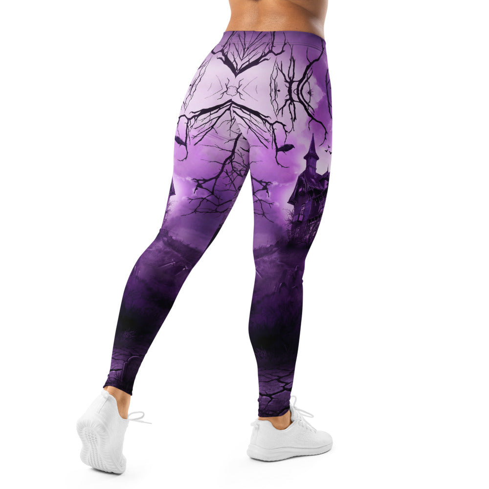 Personalisierte Damen Sportleggings Spukhaus Design Lila Schwarz Gothic Fitness Leggings Yoga Hose R308