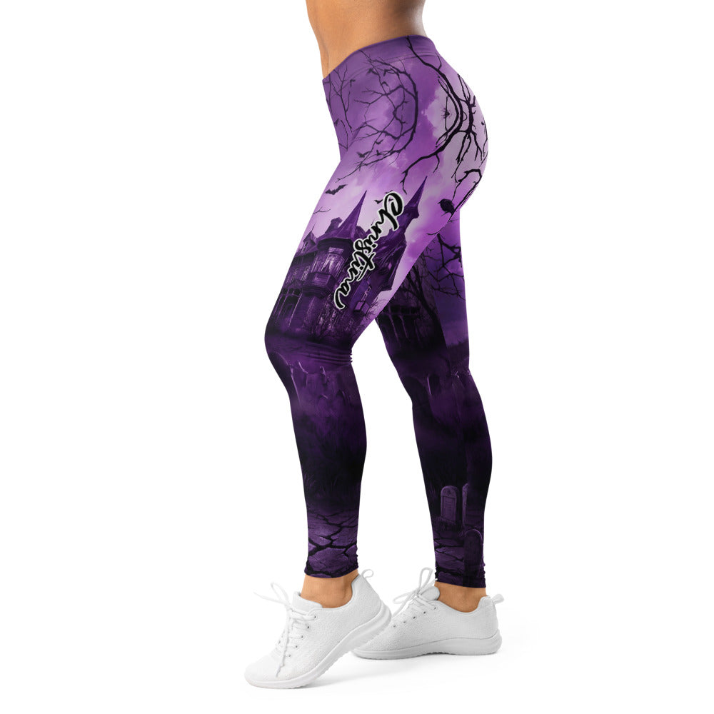 Personalisierte Damen Sportleggings Spukhaus Design Lila Schwarz Gothic Fitness Leggings Yoga Hose R308