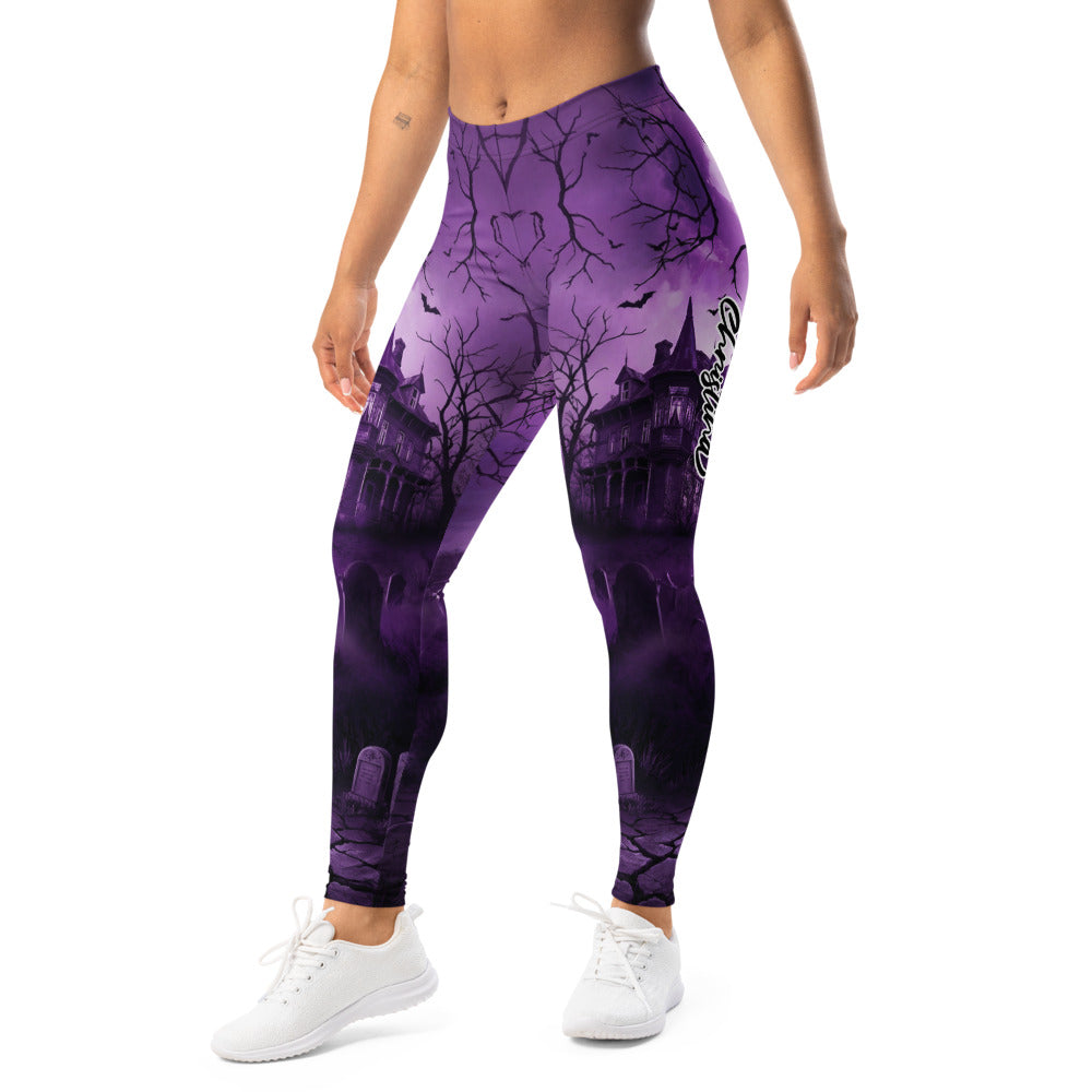 Personalisierte Damen Sportleggings Spukhaus Design Lila Schwarz Gothic Fitness Leggings Yoga Hose R308