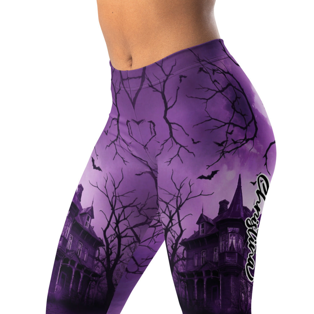 Personalisierte Damen Sportleggings Spukhaus Design Lila Schwarz Gothic Fitness Leggings Yoga Hose R308