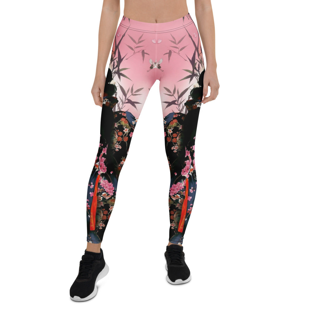 Personalisierte Damen Sportleggings Japan Geisha Design Kirschblüten Rosa Schwarz Fitness Yoga Leggings I226