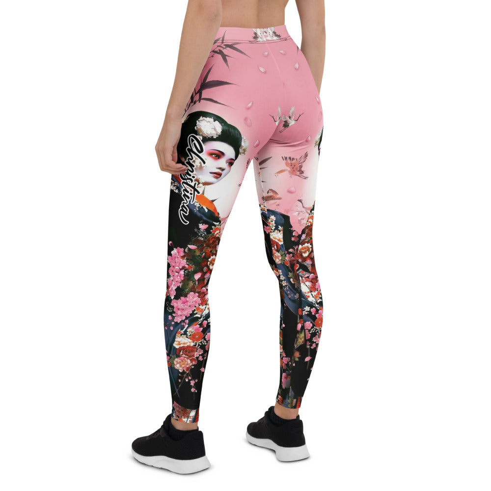 Personalisierte Damen Sportleggings Japan Geisha Design Kirschblüten Rosa Schwarz Fitness Yoga Leggings I226