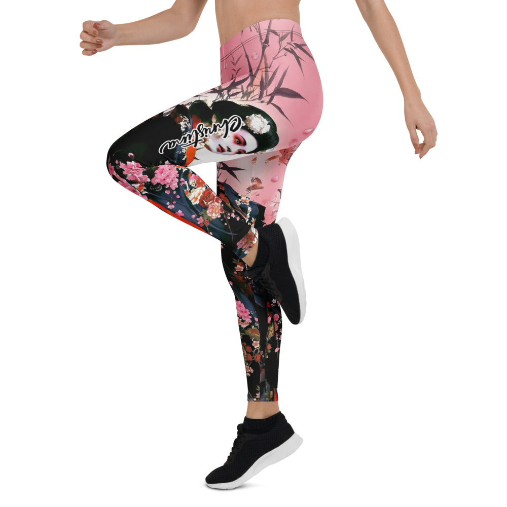 Personalisierte Damen Sportleggings Japan Geisha Design Kirschblüten Rosa Schwarz Fitness Yoga Leggings I226