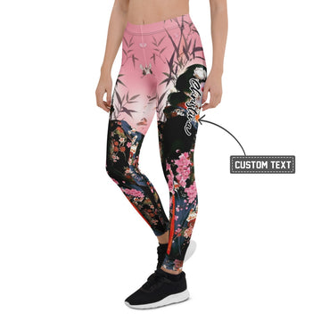 Personalisierte Damen Sportleggings Japan Geisha Design Kirschblüten Rosa Schwarz Fitness Yoga Leggings I226 - XL
