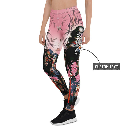 Personalisierte Damen Sportleggings Japan Geisha Design Kirschblüten Rosa Schwarz Fitness Yoga Leggings I226 - XL