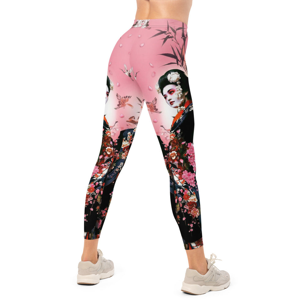 Personalisierte Damen Sportleggings Japan Geisha Design Kirschblüten Rosa Schwarz Fitness Yoga Leggings I226