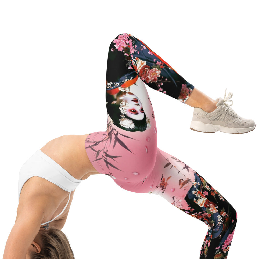 Personalisierte Damen Sportleggings Japan Geisha Design Kirschblüten Rosa Schwarz Fitness Yoga Leggings I226