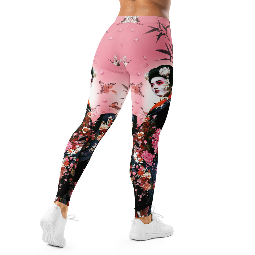 Personalisierte Damen Sportleggings Japan Geisha Design Kirschblüten Rosa Schwarz Fitness Yoga Leggings I226