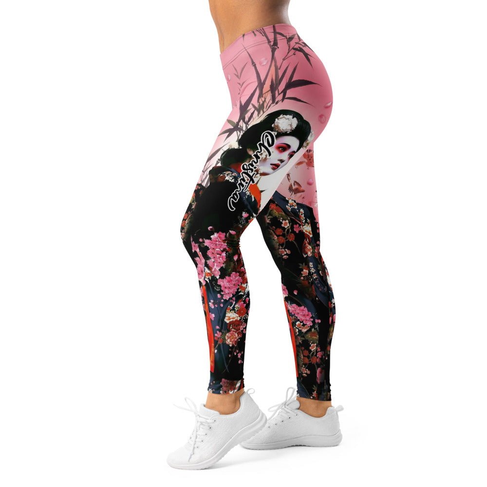 Personalisierte Damen Sportleggings Japan Geisha Design Kirschblüten Rosa Schwarz Fitness Yoga Leggings I226