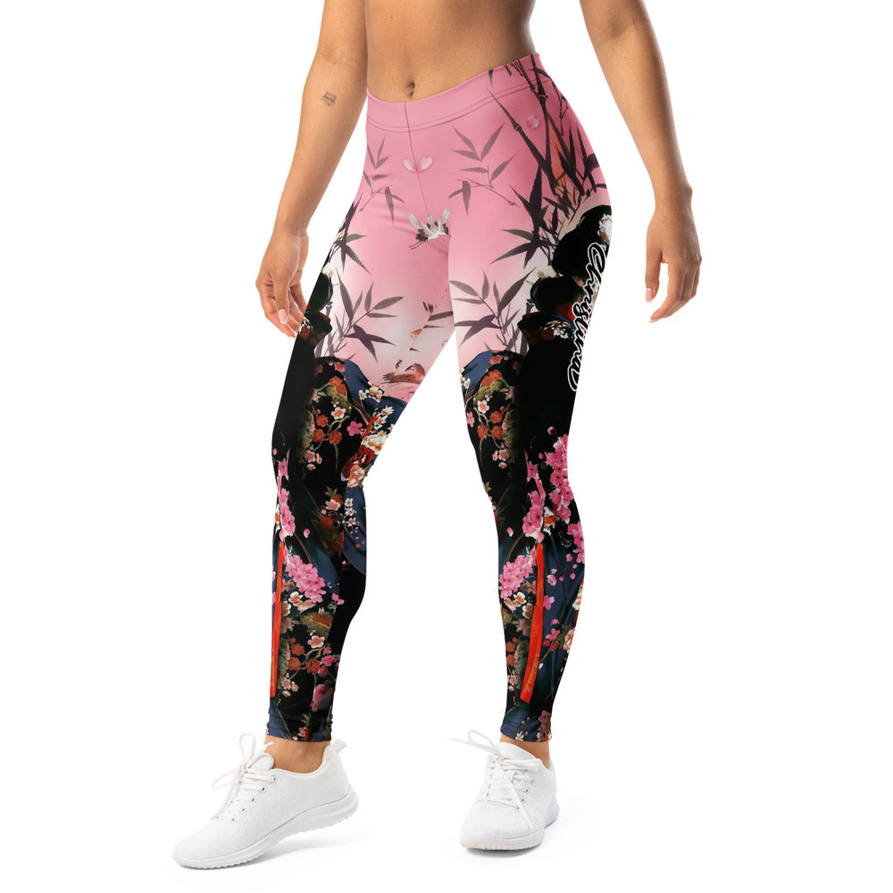 Personalisierte Damen Sportleggings Japan Geisha Design Kirschblüten Rosa Schwarz Fitness Yoga Leggings I226
