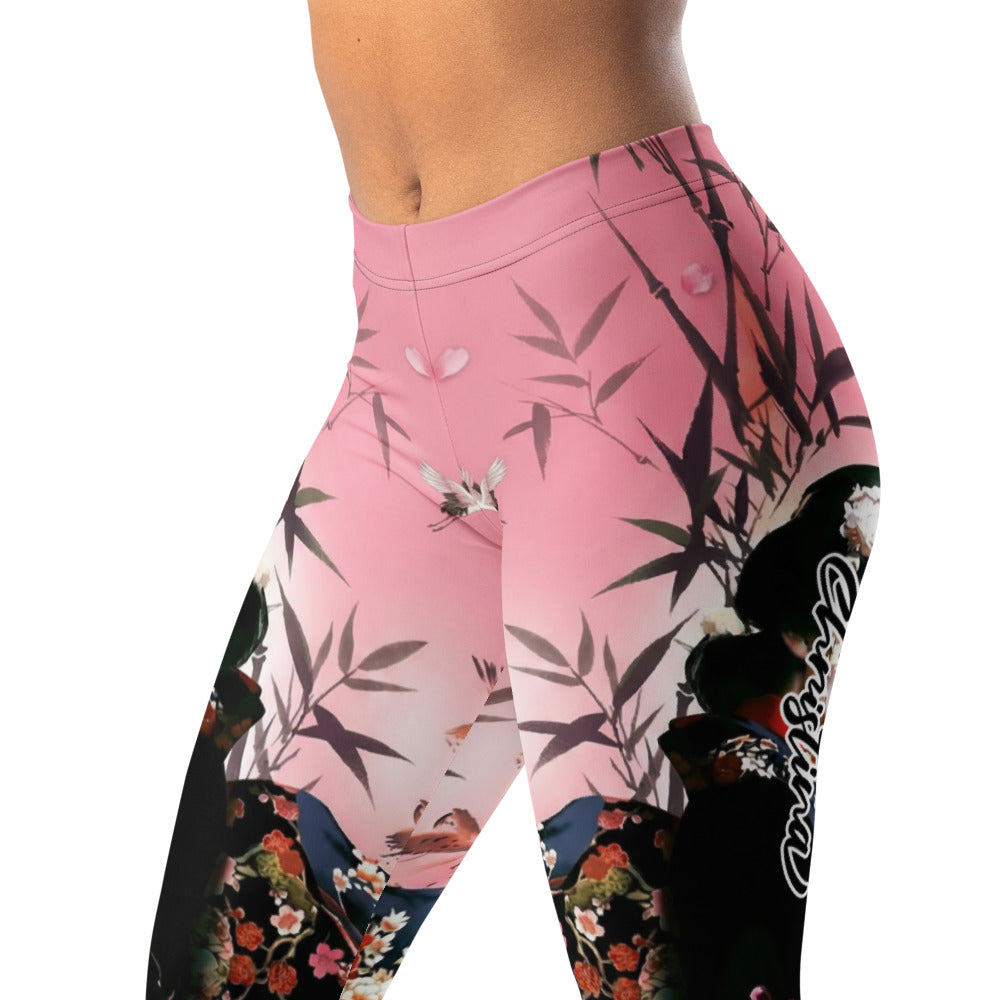 Personalisierte Damen Sportleggings Japan Geisha Design Kirschblüten Rosa Schwarz Fitness Yoga Leggings I226