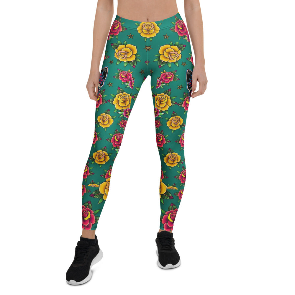 Personalisierte Sportleggings Damen Tattoo Design Rosenmuster Grün Gelb Rot Fitness Yoga Leggings O974