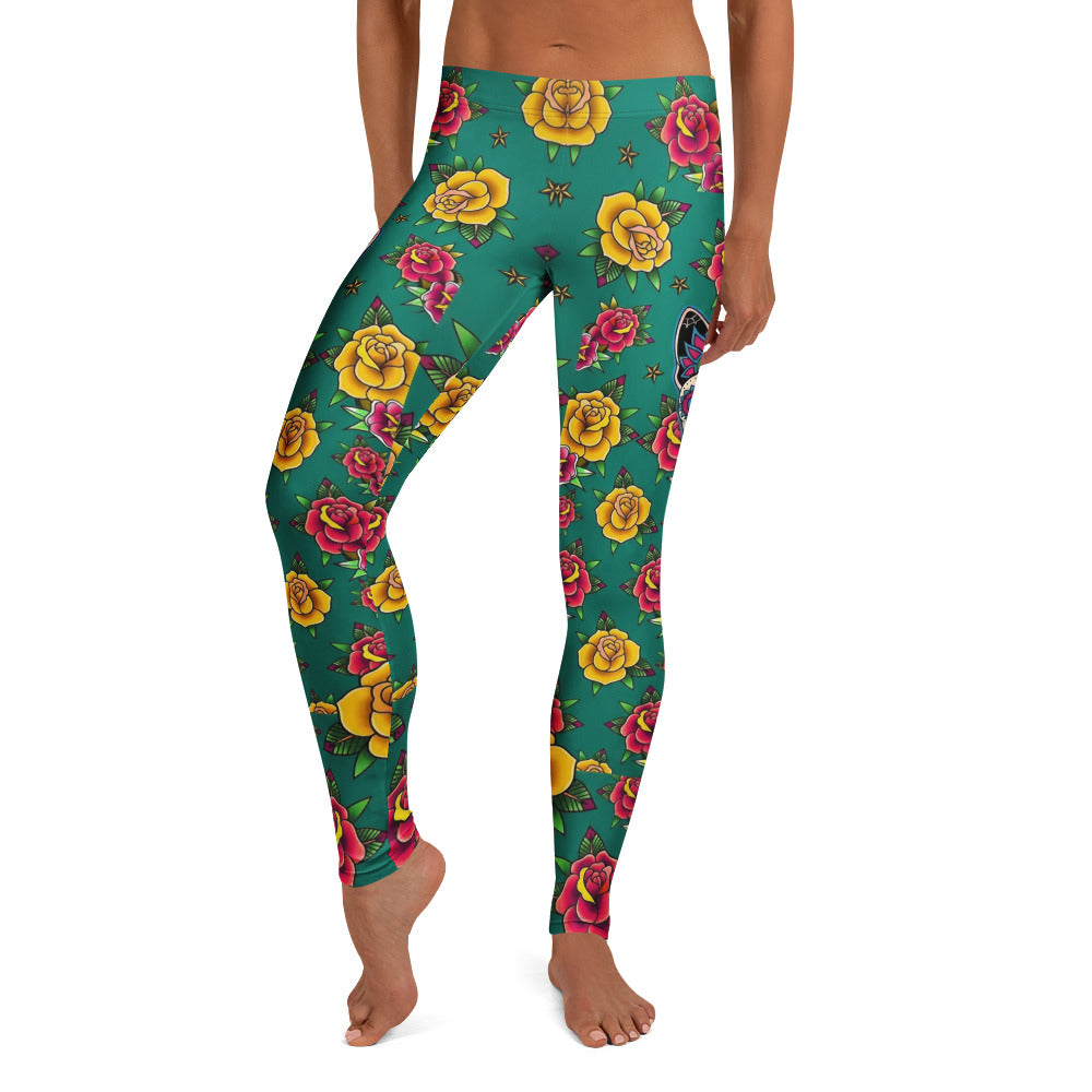 Personalisierte Sportleggings Damen Tattoo Design Rosenmuster Grün Gelb Rot Fitness Yoga Leggings O974