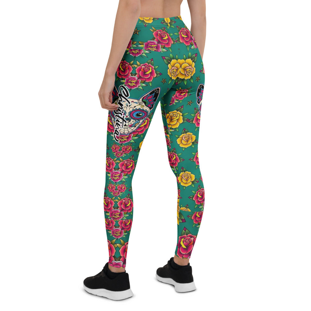 Personalisierte Sportleggings Damen Tattoo Design Rosenmuster Grün Gelb Rot Fitness Yoga Leggings O974