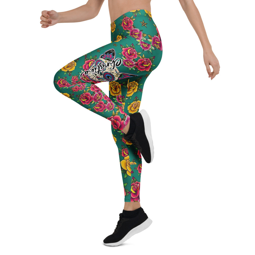 Personalisierte Sportleggings Damen Tattoo Design Rosenmuster Grün Gelb Rot Fitness Yoga Leggings O974