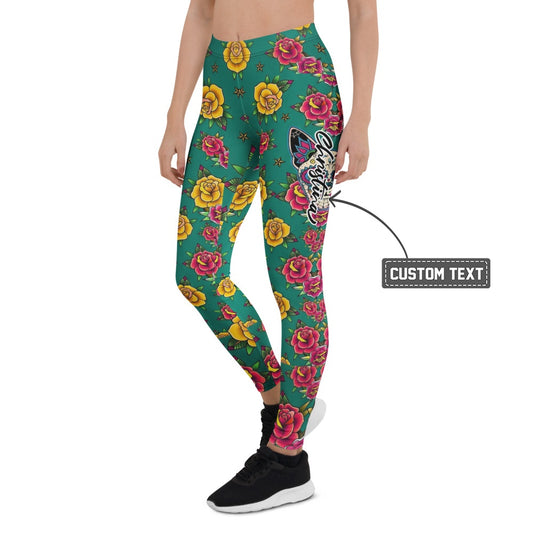 Personalisierte Sportleggings Damen Tattoo Design Rosenmuster Grün Gelb Rot Fitness Yoga Leggings O974 - XL