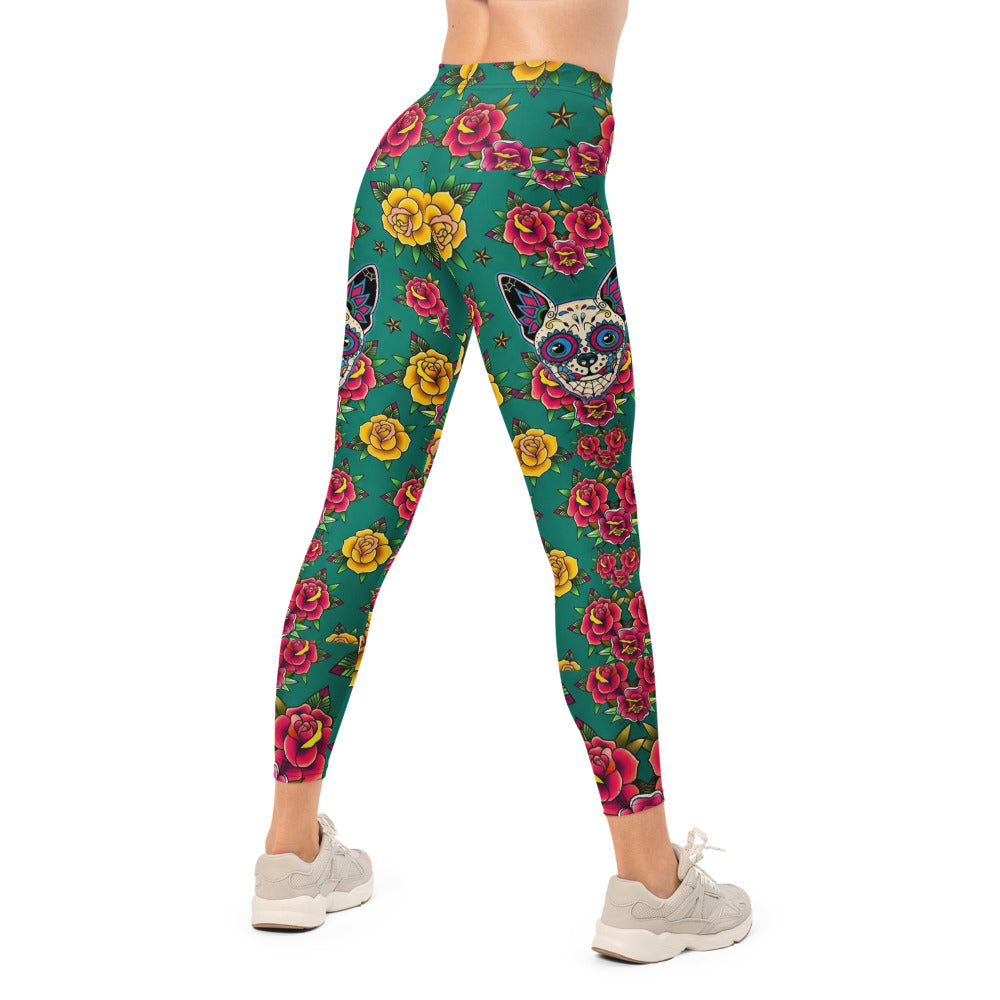 Personalisierte Sportleggings Damen Tattoo Design Rosenmuster Grün Gelb Rot Fitness Yoga Leggings O974