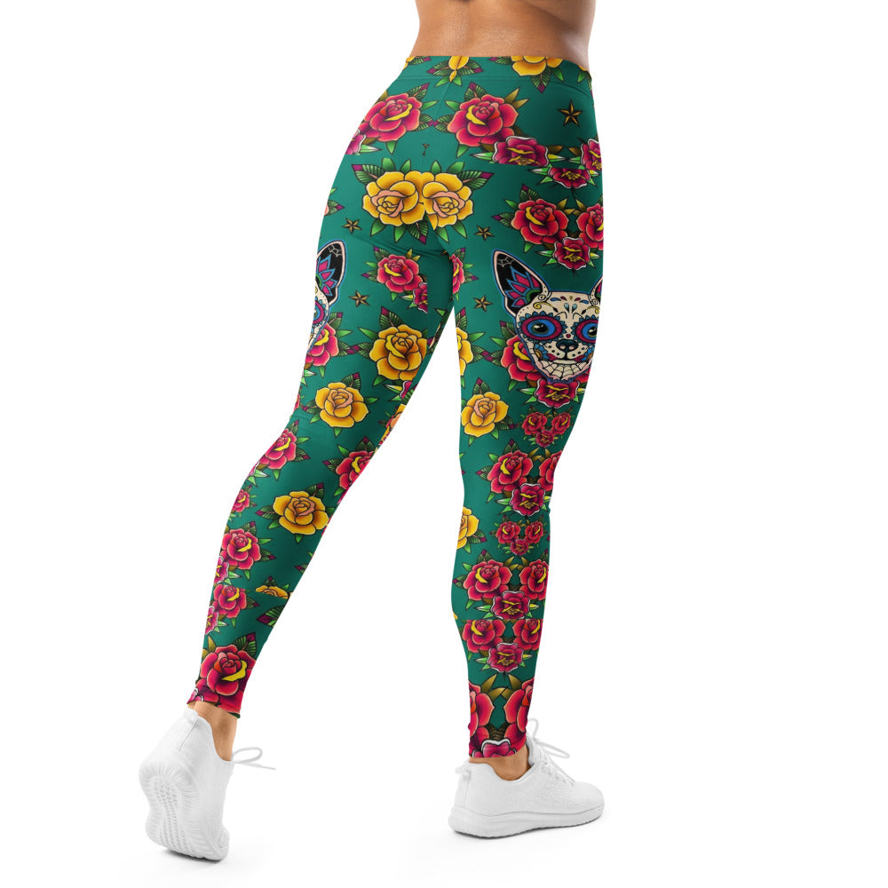 Personalisierte Sportleggings Damen Tattoo Design Rosenmuster Grün Gelb Rot Fitness Yoga Leggings O974