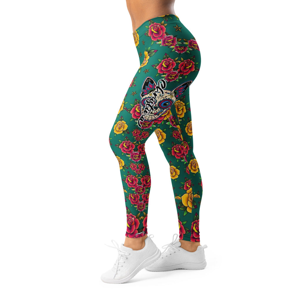 Personalisierte Sportleggings Damen Tattoo Design Rosenmuster Grün Gelb Rot Fitness Yoga Leggings O974