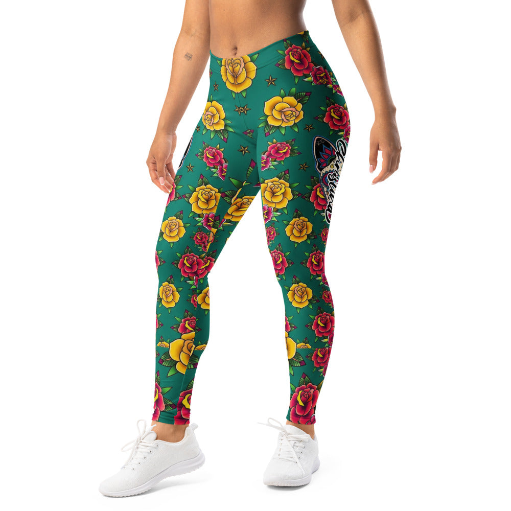 Personalisierte Sportleggings Damen Tattoo Design Rosenmuster Grün Gelb Rot Fitness Yoga Leggings O974