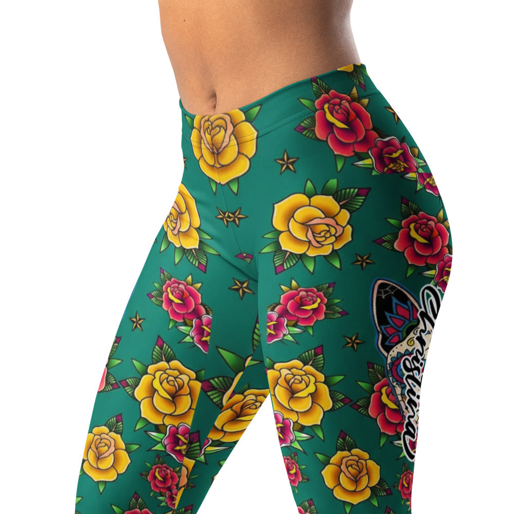 Personalisierte Sportleggings Damen Tattoo Design Rosenmuster Grün Gelb Rot Fitness Yoga Leggings O974
