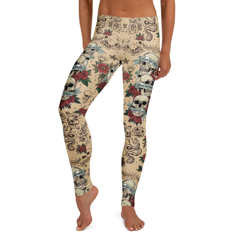 Personalisierte Damen Sportleggings Tattoo Design Totenkopf Rosen Beige Fitness Leggings Old School Style C767