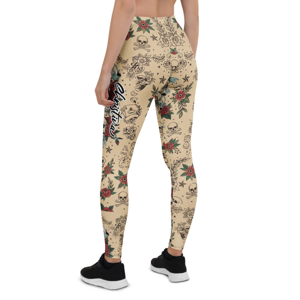 Personalisierte Damen Sportleggings Tattoo Design Totenkopf Rosen Beige Fitness Leggings Old School Style C767